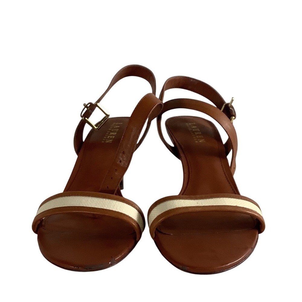 Lauren Ralph Lauren Brown Leather Strappy Heeled Sandals Cream Accent Size 10b